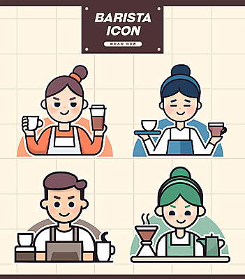 여자 남자 커피 인물캐릭터 일러스트 주전자 웃음 들기 여러명 상반신 성인 세트 귀여움 앞치마 원두 커피잔 커피메이커 바리스타 아르바이트 핸드드립 성인만 일러캐릭터 AI파일 직업 캐릭터 음료 다수 컨셉 모션 주방용품 잔 표정 사람 커피용품 파일형식 벡터