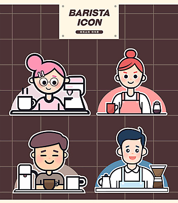 여자 남자 커피 인물캐릭터 일러스트 주전자 웃음 여러명 상반신 성인 세트 귀여움 앞치마 커피잔 커피메이커 바리스타 아르바이트 핸드드립 성인만 일러캐릭터 AI파일 직업 캐릭터 음료 다수 컨셉 주방용품 잔 표정 사람 커피용품 파일형식 벡터