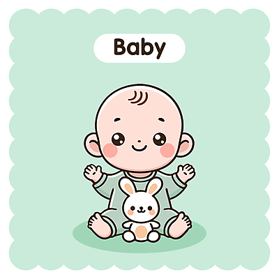 행복 일러스트 한명 웃음 앉기 손들기 귀여움 아기 토끼인형 민트색 아기만 국내일러스트 AI파일 1 감정 인형 컬러 컨셉 모션 표정 사람 토끼 파일형식 벡터