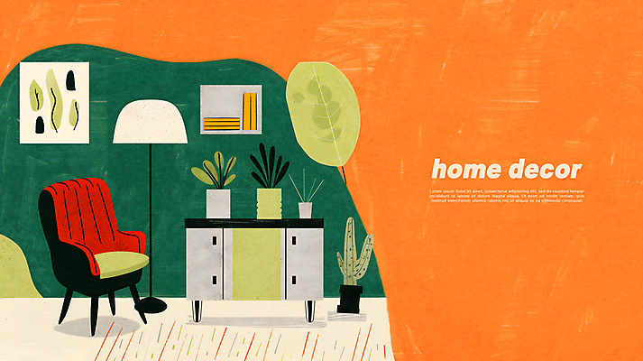 PSD 식물 액자 거실 의자 일러스트 조명 실내 사람없음 장식 초록색 인테리어 주황색 모던 서랍장 질감 국내일러스트 디자인 컬러 가구 내부 파일형식