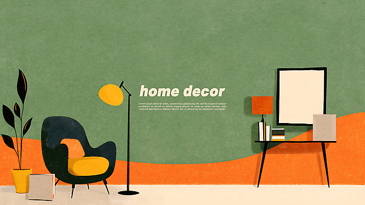 PSD 식물 액자 거실 의자 일러스트 탁자 조명 실내 사람없음 장식 초록색 인테리어 주황색 모던 질감 국내일러스트 디자인 컬러 가구 내부 파일형식