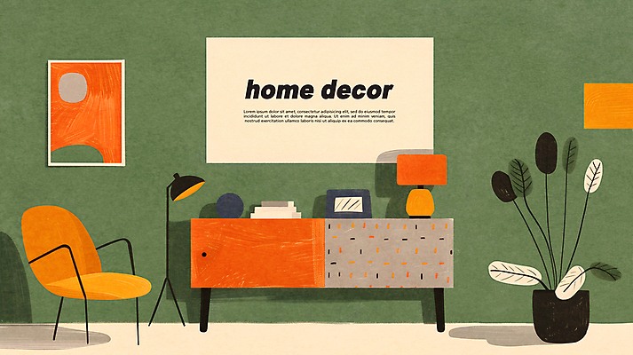 PSD 식물 액자 거실 의자 일러스트 조명 실내 사람없음 장식 초록색 인테리어 주황색 모던 질감 국내일러스트 디자인 컬러 가구 내부 파일형식