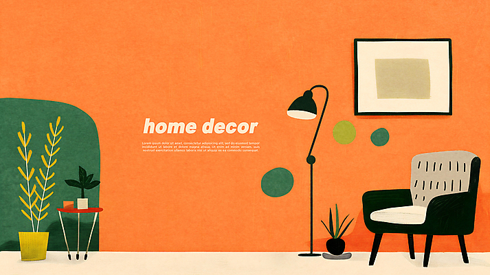 PSD 식물 액자 거실 의자 일러스트 탁자 조명 실내 사람없음 장식 초록색 인테리어 주황색 모던 질감 국내일러스트 디자인 컬러 가구 내부 파일형식