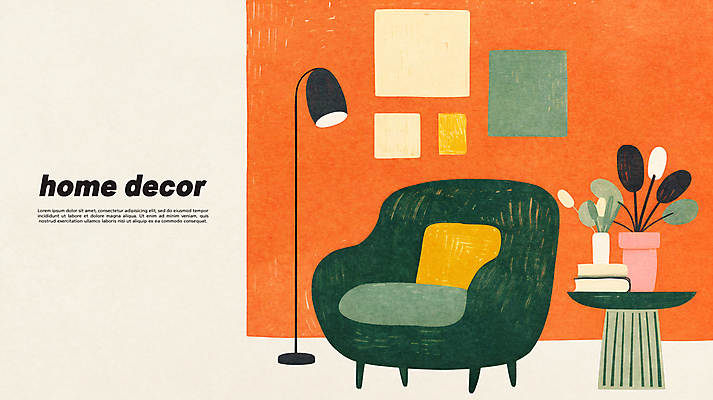 PSD 식물 액자 거실 의자 일러스트 탁자 조명 실내 사람없음 장식 책 초록색 인테리어 주황색 모던 질감 국내일러스트 디자인 컬러 가구 내부 파일형식