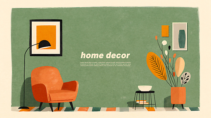 PSD 식물 액자 거실 의자 일러스트 탁자 조명 실내 사람없음 장식 초록색 인테리어 주황색 모던 질감 국내일러스트 디자인 컬러 가구 내부 파일형식