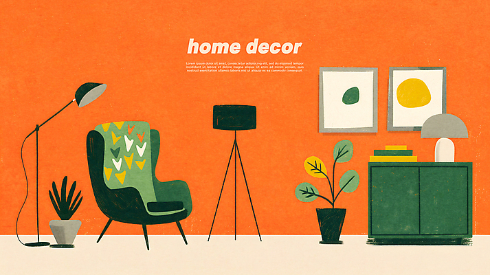 PSD 식물 화분 액자 거실 의자 일러스트 조명 실내 사람없음 장식 초록색 인테리어 주황색 모던 서랍장 질감 국내일러스트 디자인 컬러 가구 내부 파일형식