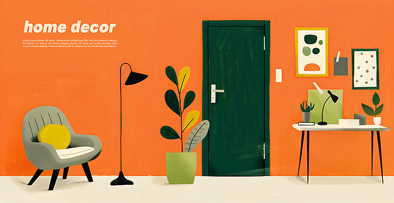 PSD 식물 화분 액자 거실 의자 일러스트 탁자 조명 실내 사람없음 장식 초록색 인테리어 주황색 모던 질감 국내일러스트 디자인 컬러 가구 내부 파일형식