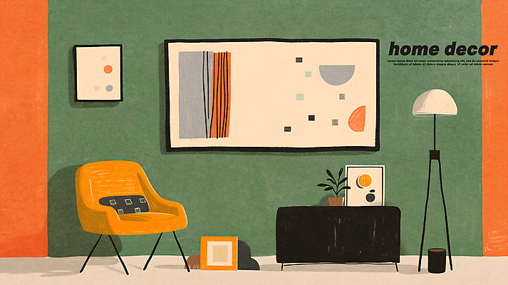 PSD 식물 화분 액자 거실 의자 일러스트 조명 실내 사람없음 장식 초록색 인테리어 주황색 모던 그림 질감 국내일러스트 디자인 컬러 가구 내부 파일형식