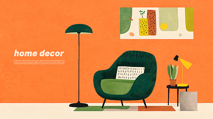 PSD 식물 화분 액자 거실 의자 일러스트 탁자 조명 실내 사람없음 장식 초록색 인테리어 주황색 카펫 모던 그림 질감 국내일러스트 디자인 컬러 가구 내부 파일형식