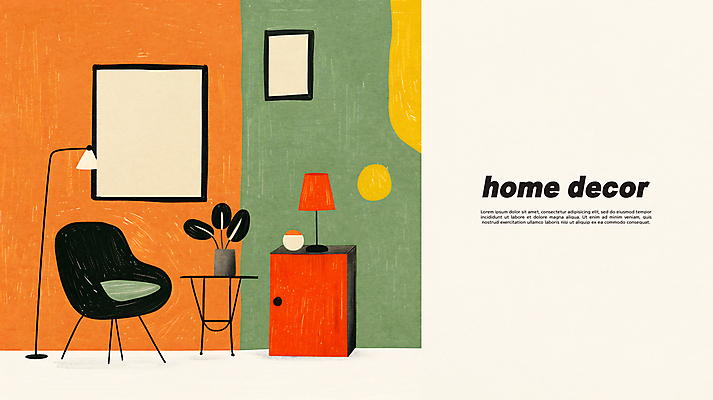 PSD 식물 액자 거실 의자 일러스트 탁자 조명 실내 사람없음 장식 초록색 인테리어 주황색 모던 서랍장 질감 국내일러스트 디자인 컬러 가구 내부 파일형식