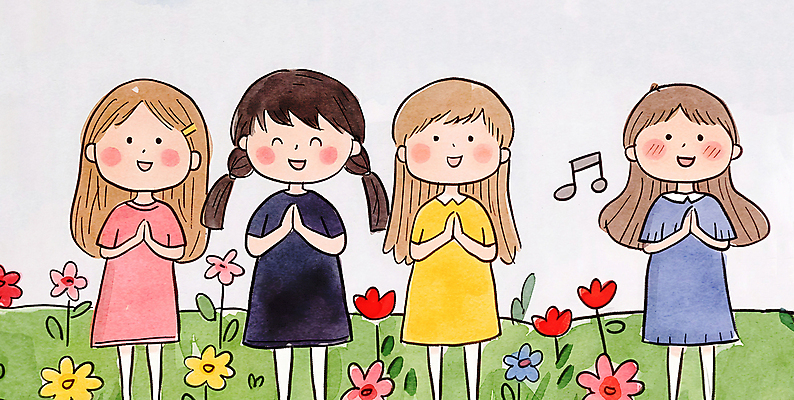 JPG 여자 꽃 행복 기독교 어린이 음악 음표 일러스트 수채화 웃음 소녀 여러명 상반신 책 찬송가 손그림 손모으기 찬양 합창 합창단 소녀만 국내일러스트 AI일러스트 AI콘텐츠 식물 기호 감정 종교 다수 노래 문화예술 표정 사람 손짓 그룹 여자만 어린이만 파일형식