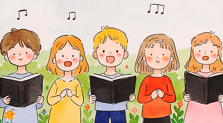 JPG 여자 남자 꽃 행복 기독교 어린이 음악 음표 일러스트 수채화 웃음 들기 소녀 소년 여러명 상반신 찬송가 손그림 손모으기 찬양 합창 합창단 어린이만 국내일러스트 AI일러스트 AI콘텐츠 식물 기호 감정 종교 다수 노래 모션 문화예술 표정 사람 손짓 그룹 파일형식