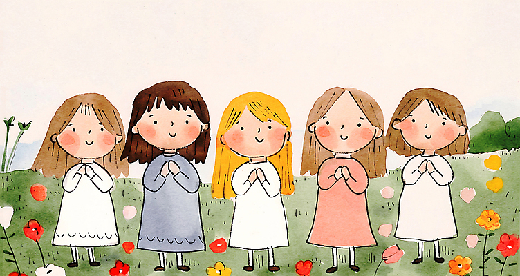 JPG 여자 꽃 행복 기독교 어린이 음악 일러스트 수채화 웃음 소녀 초원 여러명 상반신 책 찬송가 손그림 손모으기 찬양 합창 합창단 소녀만 국내일러스트 AI일러스트 AI콘텐츠 식물 감정 종교 다수 노래 문화예술 표정 사람 손짓 그룹 여자만 어린이만 파일형식