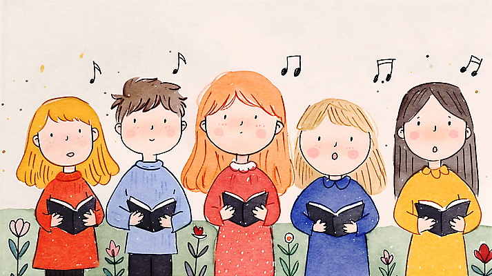 JPG 여자 남자 꽃 행복 기독교 어린이 음악 음표 일러스트 수채화 웃음 들기 소녀 소년 여러명 상반신 책 찬송가 손그림 찬양 합창 합창단 어린이만 국내일러스트 AI일러스트 AI콘텐츠 식물 기호 감정 종교 다수 노래 모션 문화예술 표정 사람 그룹 파일형식