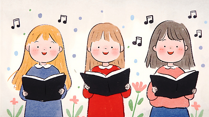 JPG 여자 꽃 행복 기독교 어린이 음악 음표 일러스트 수채화 웃음 들기 소녀 상반신 책 세명 찬송가 손그림 찬양 합창 합창단 소녀만 국내일러스트 AI일러스트 AI콘텐츠 식물 기호 감정 종교 노래 모션 문화예술 표정 사람 그룹 여자만 어린이만 파일형식