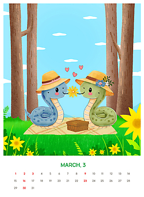 PSD 나무 구름 편집이미지 캐릭터 꽃 잔디 사람없음 파란색 소풍 바구니 마주보기 봄 달력 뱀띠 뱀 숲 3월 돗자리 밀짚모자 2025년 을사년 이미지편집 푸른뱀캐릭터 자연요소 식물 모자_잡화 계절 컬러 파충류 모션 야외활동 십이지신 날짜 연도 뱀캐릭터 파일형식