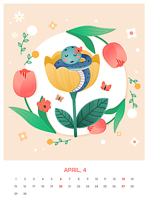 PSD 편집이미지 캐릭터 분홍색 나비 사람없음 봄 튤립 달력 잠 뱀띠 뱀 4월 2025년 을사년 이미지편집 푸른뱀캐릭터 계절 꽃 컬러 곤충 파충류 십이지신 날짜 연도 뱀캐릭터 파일형식