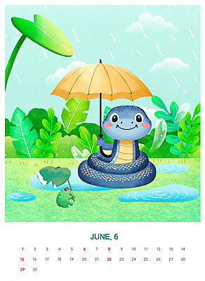 PSD 구름 편집이미지 캐릭터 잎 우산 개구리 사람없음 여름 달력 물방울 뱀띠 뱀 6월 웅덩이 장마 2025년 을사년 이미지편집 푸른뱀캐릭터 자연요소 식물 계절 파충류 양서류 십이지신 비_날씨 날짜 연도 뱀캐릭터 파일형식