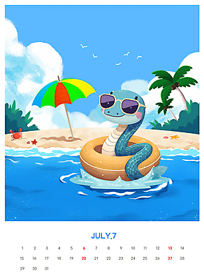 PSD 구름 편집이미지 캐릭터 여행 물놀이 갈매기 하늘 해변 사람없음 파란색 여름휴가 모래사장 선글라스 야자수 달력 꽃게 파라솔 뱀띠 뱀 튜브 7월 2025년 을사년 이미지편집 푸른뱀캐릭터 자연요소 나무 안경 바다 컬러 파충류 놀이 조류 휴가 게 십이지신 날짜 연도 뱀캐릭터 파일형식 여름_계절