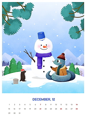 PSD 나무 편집이미지 캐릭터 겨울 눈사람 산 사람없음 파란색 설원 목도리 달력 나뭇가지 눈 뱀띠 뱀 12월 펭귄 2025년 을사년 이미지편집 푸른뱀캐릭터 자연요소 식물 잡화 계절 컬러 파충류 조류 날씨 눈_날씨 십이지신 날짜 연도 뱀캐릭터 파일형식