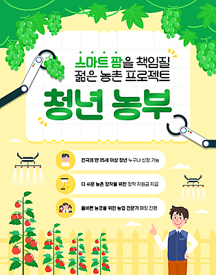 템플릿 남자 포스터 토마토 포도 집게 한명 상반신 청년 성인 초록색 울타리 노란색 농사 가리킴 알림 로봇 물주기 드론 지원 성인남자한명만 스마트팜 청년농부 이미지템플릿 AI파일 1 컬러 농업 채소 과일 모션 사람 손짓 담장 농장 농부 남자한명만 성인남자만 파일형식 벡터
