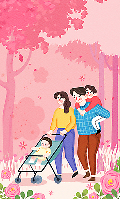 전신 PSD 나무 공원 여자 남자 꽃잎 꽃 어린이 분홍색 일러스트 엄마 소년 여러명 성인 산책 아기 아빠 업기 유모차 국내일러스트 식물 공공시설 컬러 다수 가족 모션 휴식 사람 아기용품 파일형식