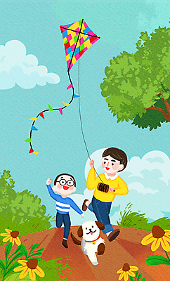 전신 PSD 나무 남자 꽃 반려견 어린이 일러스트 소년 두명 달리기 강아지 연 연날리기 소년만 국내일러스트 식물 모션 사람 반려동물 놀이용품 전통놀이 개 남자만 어린이만 파일형식
