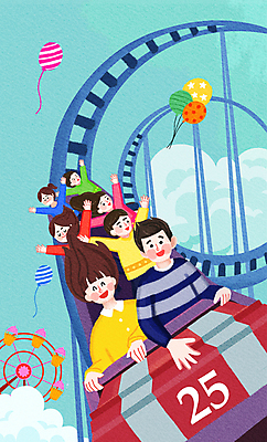 PSD 구름 공원 여자 남자 어린이 일러스트 소녀 소년 여러명 상반신 만세 놀이공원 잡기 놀이기구 대관람차 풍선 롤러코스터 어린이만 국내일러스트 자연요소 공공시설 다수 모션 사람 테마파크 파일형식