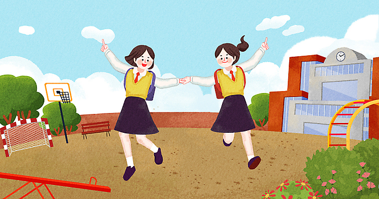 전신 PSD 나무 학생 여자 꽃 교복 일러스트 학교 청소년 두명 손잡기 점프 운동장 골대 풀숲 시소 십대여자만 국내일러스트 식물 옷 교육 스포츠시설 모션 사람 공간 놀이기구 숲 여자만 십대만 파일형식
