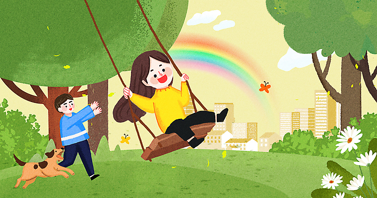 전신 PSD 나무 공원 여자 남자 꽃 반려견 어린이 나비 무지개 일러스트 소녀 소년 두명 건물 산책 강아지 그네 그네타기 어린이만 국내일러스트 자연요소 식물 건축물 공공시설 곤충 놀이 휴식 사람 반려동물 개 파일형식