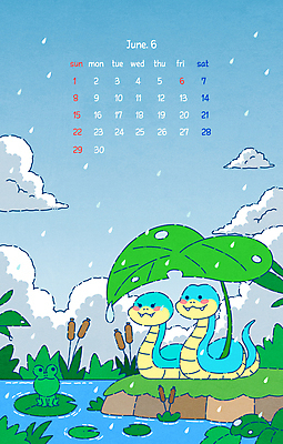 잎 일러스트 개구리 사람없음 여름 달력 물방울 연못 비 뱀띠 뱀 6월 연잎 청사 2025년 을사년 국내일러스트 푸른뱀캐릭터 AI파일 자연요소 식물 계절 파충류 날씨 양서류 십이지신 날짜 연도 뱀캐릭터 파일형식 벡터