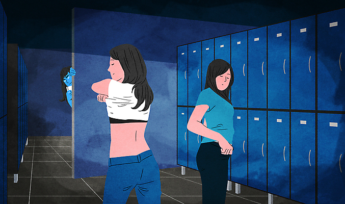 PSD 여자 남자 일러스트 탈의 상반신 성인 세명 카메라 촬영 어둠 범죄 벗기 범죄인 사물함 탈의실 도촬 몰래카메라 숨기 성인만 불법촬영 국내일러스트 모션 사람 전자제품 파일형식