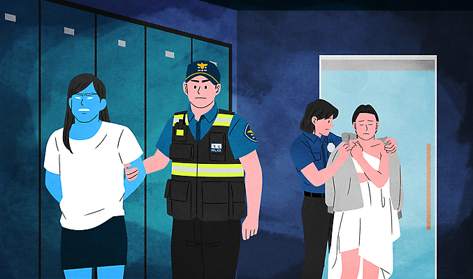 PSD 여자 남자 일러스트 여러명 성인 문 카메라 촬영 어둠 잡기 범죄 경찰 범죄인 걱정 변장 탈의실 위로 도촬 몰래카메라 체포 성인만 불법촬영 국내일러스트 직업 감정 다수 모션 사람 전자제품 파일형식