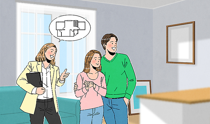 커플 여자 남자 액자 일러스트 부동산 안내 주택 성인 세명 소파 설계도 계약 문서 감싸기 공인중개사 성인만 국내일러스트 AI파일 직업 의자 비즈니스 관계 모션 건설업 사람 건물 재산 파일형식 벡터