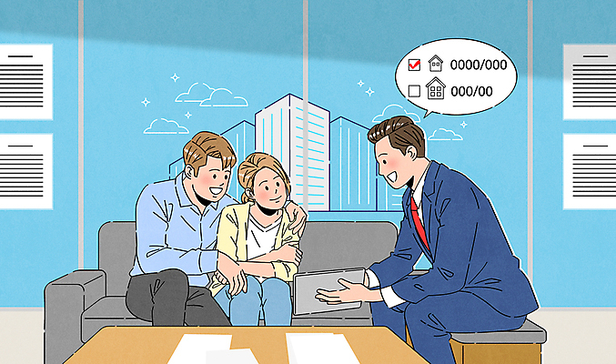 여자 남자 일러스트 부동산 안내 주택 앉기 성인 세명 소파 시세 가격 계약 문서 공인중개사 매물 성인만 어깨에손 국내일러스트 AI파일 직업 의자 비즈니스 모션 사람 건물 금융 재산 파일형식 벡터