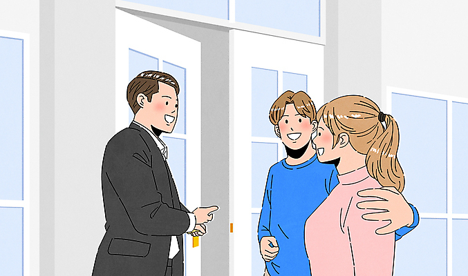 커플 여자 남자 일러스트 부동산 안내 주택 성인 세명 문 입장 계약 문서 공인중개사 성인만 어깨에손 국내일러스트 AI파일 직업 비즈니스 관계 모션 사람 건물 재산 파일형식 벡터