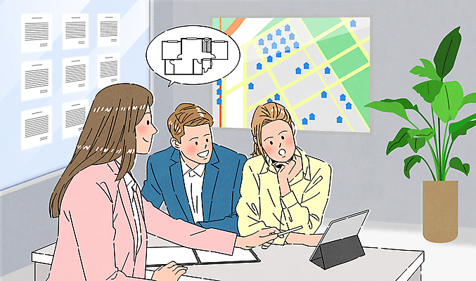 식물 커플 여자 남자 화분 지도 일러스트 부동산 안내 주택 상반신 성인 세명 태블릿 설계도 가리킴 책상 계약 문서 공인중개사 성인만 국내일러스트 AI파일 직업 가구 비즈니스 관계 건설업 사람 손짓 건물 전자제품 스마트기기 재산 파일형식 벡터