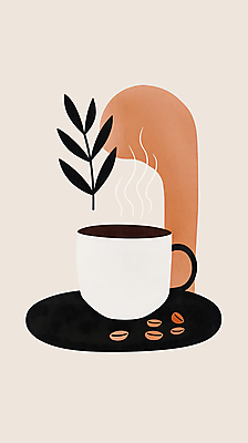 JPG 디자인 포스터 커피 일러스트 추상 휴식 사람없음 풀잎 커피잔 모던 심플 베이지색 2025년 트렌드컬러 국내일러스트 모카무스 AI일러스트 AI콘텐츠 음료 컬러 컨셉 잎 무늬 잔 풀_식물 연도 파일형식