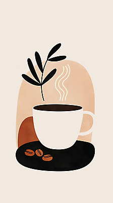 JPG 디자인 포스터 커피 일러스트 추상 휴식 사람없음 풀잎 커피잔 모던 심플 베이지색 국내일러스트 AI일러스트 AI콘텐츠 음료 컬러 컨셉 잎 무늬 잔 풀_식물 파일형식