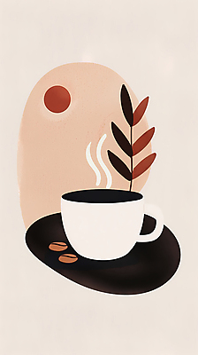 JPG 디자인 포스터 커피 일러스트 추상 휴식 사람없음 풀잎 커피잔 모던 심플 베이지색 국내일러스트 AI일러스트 AI콘텐츠 음료 컬러 컨셉 잎 무늬 잔 풀_식물 파일형식