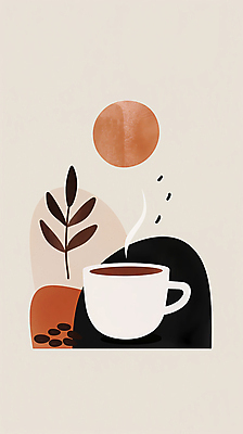 JPG 디자인 포스터 커피 일러스트 추상 휴식 사람없음 풀잎 커피잔 모던 심플 베이지색 국내일러스트 AI일러스트 AI콘텐츠 음료 컬러 컨셉 잎 무늬 잔 풀_식물 파일형식