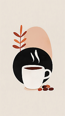 JPG 디자인 포스터 커피 일러스트 추상 휴식 사람없음 풀잎 커피잔 모던 심플 베이지색 국내일러스트 AI일러스트 AI콘텐츠 음료 컬러 컨셉 잎 무늬 잔 풀_식물 파일형식