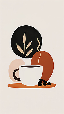 JPG 디자인 포스터 커피 일러스트 추상 휴식 사람없음 풀잎 커피잔 모던 심플 베이지색 국내일러스트 AI일러스트 AI콘텐츠 음료 컬러 컨셉 잎 무늬 잔 풀_식물 파일형식