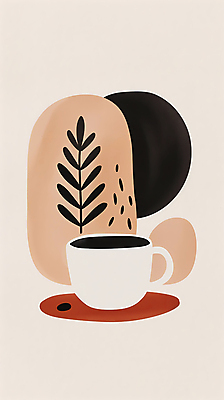 JPG 디자인 포스터 커피 일러스트 추상 휴식 사람없음 풀잎 커피잔 모던 심플 베이지색 국내일러스트 AI일러스트 AI콘텐츠 음료 컬러 컨셉 잎 무늬 잔 풀_식물 파일형식