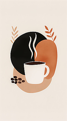 JPG 디자인 포스터 커피 일러스트 추상 휴식 사람없음 풀잎 커피잔 모던 심플 베이지색 국내일러스트 AI일러스트 AI콘텐츠 음료 컬러 컨셉 잎 무늬 잔 풀_식물 파일형식