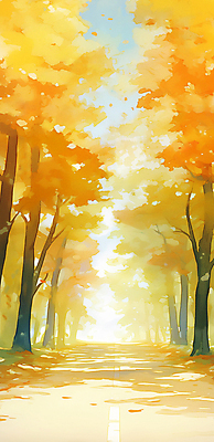 JPG 구름 낙엽 일러스트 하늘 풍경 사람없음 노란색 가을풍경 드라이브 차도 가을 은행잎 은행나무 귀성길 국내일러스트 AI일러스트 AI콘텐츠 자연요소 나무 계절 도로 컬러 잎 운전 파일형식 가을_계절