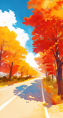 JPG 구름 단풍 낙엽 일러스트 하늘 단풍나무 그림자 풍경 사람없음 가을풍경 주황색 드라이브 차도 가을 귀성길 국내일러스트 AI일러스트 AI콘텐츠 자연요소 나무 계절 도로 컬러 잎 운전 파일형식 가을_계절