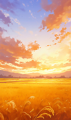 JPG 나무 구름 일러스트 하늘 풍경 사람없음 가을풍경 주황색 일몰 수확 추수 벼 농촌 추수감사절 논밭 국내일러스트 AI일러스트 AI콘텐츠 자연요소 식물 기독교 컬러 밭 농업 곡류 논 노을 시골 파일형식 가을_계절