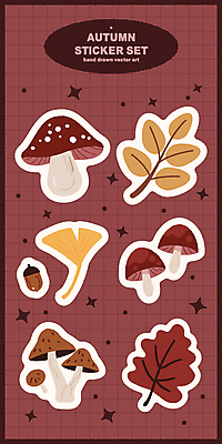 단풍 스티커 낙엽 일러스트 사람없음 반짝임 버섯 가을 은행잎 도토리 엘리먼트 버건디 국내일러스트 AI파일 계절 잎 모션 빨간색 견과류 파일형식 벡터