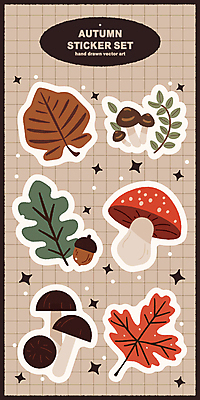 단풍 스티커 낙엽 일러스트 사람없음 반짝임 갈색 버섯 가을 밤 도토리 엘리먼트 국내일러스트 AI파일 계절 컬러 잎 모션 견과류 파일형식 벡터